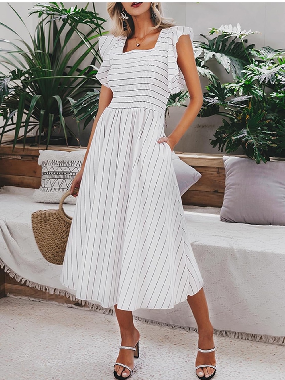 White Cotton & Linen Blend Midi Dress Smocked A-Line with Pockets - Size Medium